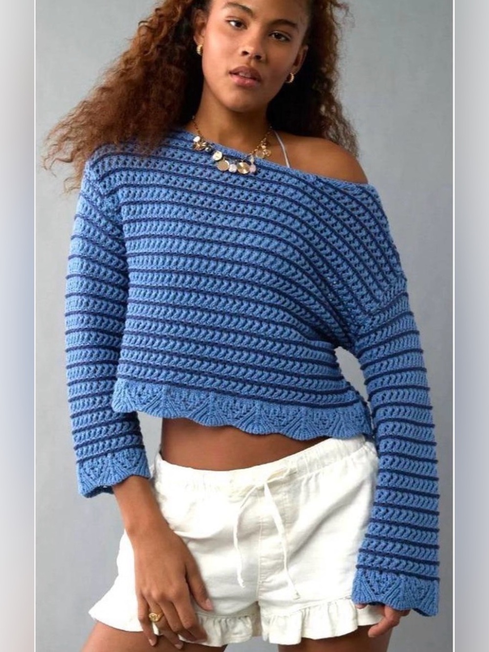 American Eagle Outfitters Blue Crochet Knit Cropped Sweater